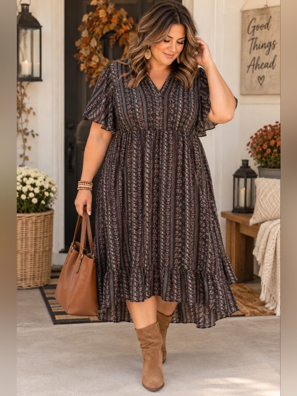 Piper & Scoot XXL Boho Floral Print Tiered Midi Dress Flutter Sleeve